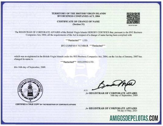 Certificado de mudança de nome do registrador de assuntos corporativos das Ilhas Virgens Britânicas modelo